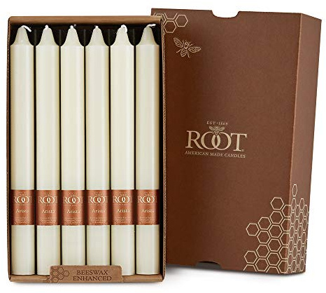 Root Candles 12-Count Unscented Dinner Candles Dripless Beeswax Enhanced Smooth Arista™ Boxed Candle Set, 9-Inch, Ivory