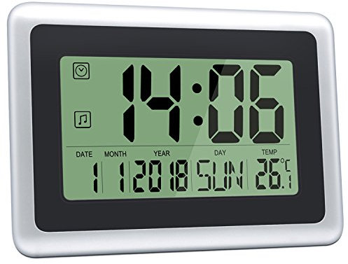 HeQiao Slim Large LCD Digital Alarm Clock - Silent Desk Clocks with Day Date, Temperature & Alarm Timer Function