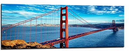 picturado Canvastavla Golden Gate Bridge 120x40cm 5737 - Väggbild San Francisco Panorama på äkta träram, Konsttryck Bro Röd Vardagsrum Sovrum Kontor Dekoration Modern Väggdekoration