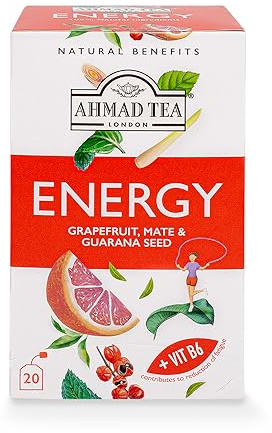 Ahmad Tea Herbal Tea, Grapefruit, Mate, Guarana Seed, & Vitamin B6 'Energy' Natural Benefits Teabags, 20 ct (Pack of 6) - Caffeinated & Sugar-Free