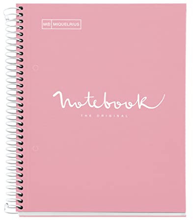 Miquelrius - Cahier A5 Carnet de Notes Emotions, 80 Feuilles 90 g/m², Rayure horizontale de 7 mm, 1 Bande de couleur, Spirale microperforée, Couverture extra-dure, 2 Trous, Couleur Rosa