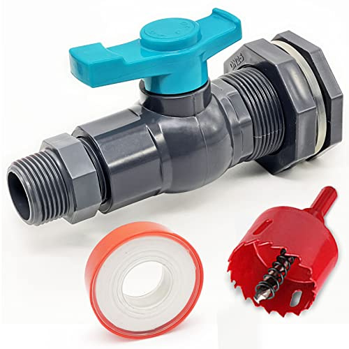 Rain Barrel Spigot Kit with a Hole Saw Include 1 (diameter 32 mm) PVC Bulkhead Fitting Ball Valve Thread Seal Tape and Garden Hose Male Threaded Adapter for 1 Female Threaded Connector(1 inch)