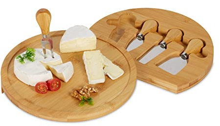 Relaxdays Tabla de Quesos Redonda con 4 Cubiertos, 4 x 25 cm, Bandeja Embutidos y Aperitivos, Bambú, Giratoria, Natural, Acero Inoxidable