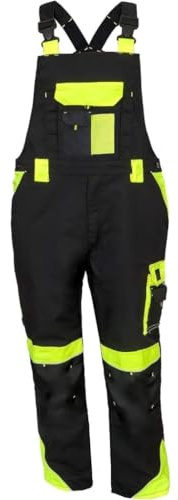 Luckyberg Herren Latzhose, Arbeitshose viel funktionale Taschen. Arbeitslatzhose Herren Größe: 44-62 (DE/NL/SE/PL, Numerisch, 58, Regular, Regular, Standard, Schwarz gelb)