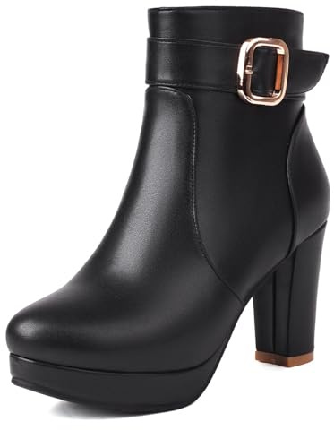 Joliss Mujer Tacón Ancho Botín Mujer Punta Rojoonda Botas Cortas Zip Botas Cortas Noche Botas de Vestir con Hebilla Negro Talla 44 EU/46Cn