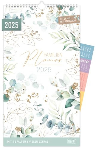 Häfft® Familienplaner 2025 mit 5 Spalten Blattgold 23,5 x 42,6 cm, Wandkalender Jan - Dez 2025, Familienkalender Wandplaner: Ferientermine & viele Zusatzinfos - nachhaltig & klimafreundlich
