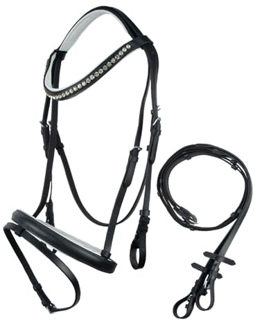 Brama West Licol d'équitation Merlin - Combinaison anglaise - Bride en cuir avec rênes antidérapantes et strass - Noir/blanc - Taille Cob