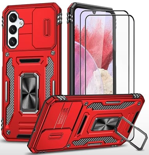 CLYDITE Coque pour Samsung Galaxy A05S étui avec 2 Verre Trempé Support magnétique Armure Robuste Antichoc Silicone avec Couvercle de caméra Coulissant Bumper-Rouge