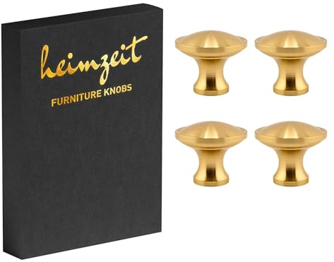 heimzeit Skåpknoppar för Dörrar, Lådor och Byråer av Högkvalitativ Aluminium [4 Stycken, Stor Rund] Färg: Guld, Stilren Design, Möbelknoppar med ett hål Handtag och Skruvar