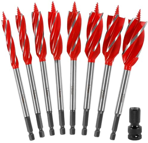OWTWCNL 8Pcs Wood Auger Drill Bit Set, High Carbon Steel, 10/12/14/16/18/20/22/25mm, 1/4in Hex Shank, 4-Flute Spiral, Split Point, Suitable for Woodworking & Plastic