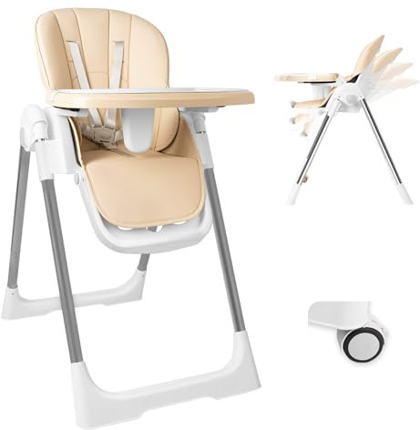 Baby Hochstuhl Klappbarer 4in1, Kinderhochstuhl Multifunktionaler Verstellbar, Babystuhl mit Tablett Abnehmbares und Rollen, Kinderhochstuhl Mitwachsender mit 5-Punkt-Gurt, Kinder Essstuhl, Beige