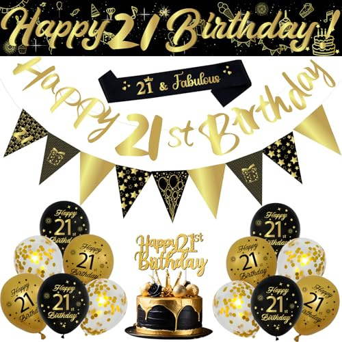 21st Birthday Decorations Set, 18Pcs Black Gold Balloons kit with Banners, Cake Topper, Triangle Flags, Black Gold and Sequin Balloons, Sash for Men Women Birthday Party Decoration Supplies