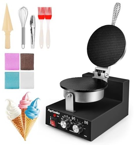 Popfoodex Commercial Waffle Cone Maker - 1200W Commercial Ice Cream Cone Maker w/ 8’’ Non-stick pan and 122–572°F Adjustable Temp, Waffle Cone Maker Machine w/Shaper Roller and Timer, for Restaurants