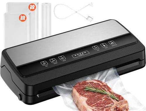 Envasadora al Vacío 85Kpa Profesional, Máquina de Vacío con Tubo de Vacío/Almacenamiento de Bolsas/Cuchilla de Corte, Incluye 40 Bolsas y 1 rollo 28x600cm Bolsas, para Alimentos Secos/Suaves/Húmedos