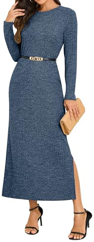 GRECERELLE Robe maxi pour femme - Col rond - Manches longues - En maille côtelée - Décontractée - Robe d'hiver légère - Robe d'automne avec poches, bleu, XL