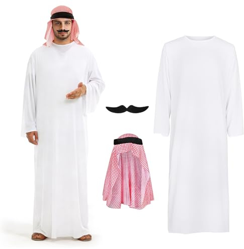 FainFun Disfraz de Jeque de Aladin para Hombre con Pañuelo y Barba, Ropa árabe para Hombre, Casa de Dinero, Túnica Blanca, para Navidad, Halloween, Pascua, Fiesta, Cosplay