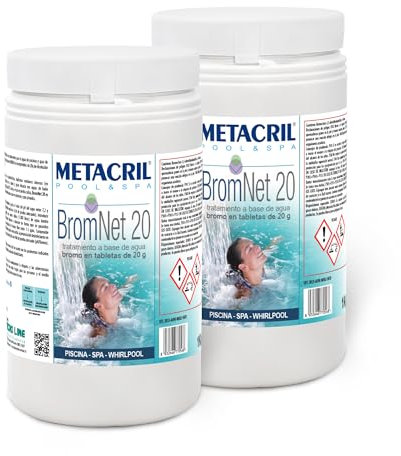 Metacril Brom Net 20, pastilles de Brome de 20 g, à Dissolution Lente, pour piscines et spas - 2 KG (1 + 1 PZ)