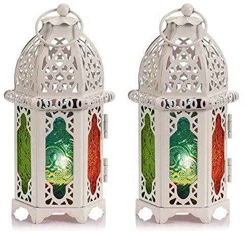 Nuptio 2 Stück Marokkanischen Stil Kerze Laterne, Kleine Teelichthalter mit Bunten Glasscheiben Ideal für Terrasse Drinnen Draußen Veranstaltungen Partys und Hochzeiten, Weiß Marokkanische Lampe