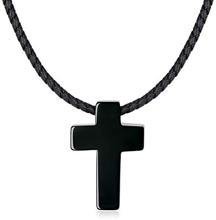 COAI Collar de Cuero Negro Genuino con Colgante Cruz de Obsidiana Negra Piedra Natural para Hombre