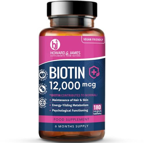 Biotin Hair Growth Supplement 12000mcg - 180 Vegan Tablets (6 Months Supply) - Hair Skin & Nails Vitamins for Women & Men High Absorption D-Biotin 12,000 mcg Vitamin B7 - by Howard & James