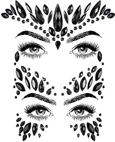 BBTO Gemme Adesivi per Viso 2 Fogli di Strass Adesivi per il Corpo di Halloween Glitter Adesivi per Occhi Fronte del Festival per Cosplay Mascherata Festa del Trucco, Nero (Stile Fashion)