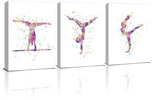 KAIRNE Wrapped Framed Girls Bedroom Accessories,Gymnastics Canvas Wall Art,Set of 3(8x10 inch),Gymnastic Girls Art Prints Abstract Colorful Gym Pictures for Walls Ready to Hang