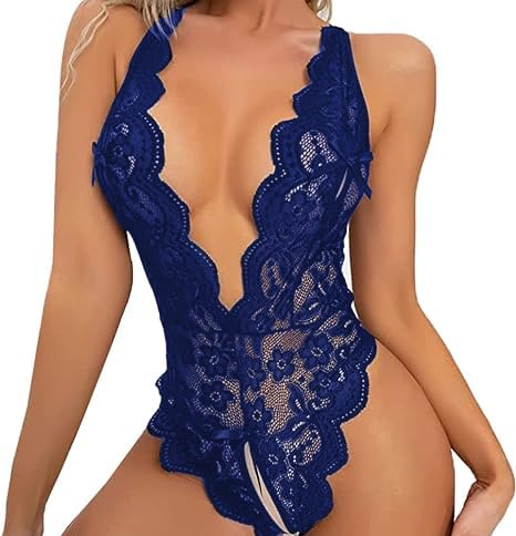 Rayson Body da Donna Sexy Babydoll Camicia Scollo a V Aperto Trasparente Bodysuits Erotico Pizzo Lingerie Top Completi Lace Intima da Notte(Blu)
