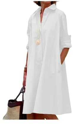 Vestido Camisero Liso para Mujer, Moda de Verano, Informal, con Cuello Vuelto y Bolsillo, Vestidos por Debajo de la Rodilla de Manga Larga, Vestidos Sexis de Lunares para Mujer
