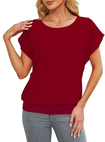 Anelune Top estivo da donna in chiffon, camicetta a maniche corte con volant, maglietta casual allentata S-3XL, Rosso vinaccia, L