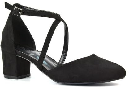Women's Strappy Ankle Strap Mid Low Block Close Toe Heel Ladies Black Faux Suede Court Shoes Size 4