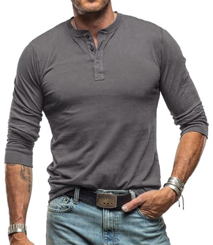 Henley T-shirt da uomo a maniche lunghe classica basic camicia casual con bottoni in cotone leggero, Grigio scuro., L