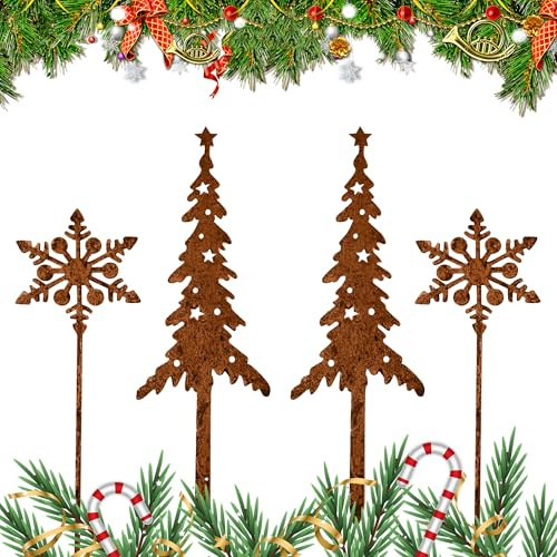 songyea Spina in metallo da giardino, 4 pezzi di spina per albero di Natale e 2 pezzi fiocchi di neve, decorazione natalizia, decorazione da giardino