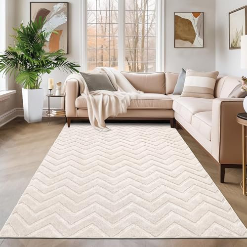 SHACOS Beige Teppich Wohnzimmer Kurzflor 120x160 cm Modern Waschbarer Teppich Schlafzimmer Weich Wohnzimmerteppich Hoch-Tief-Effekt 3D Effekt rutschfeste Teppiche für Kinderzimmer, Esszimmer