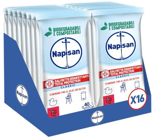 Napisan Salviette Disinfettanti Total Protection, Confezione da 16 Pacchi x 40 Salviette Disinfettanti Biodegradabili e Compostabili Multisuperfici