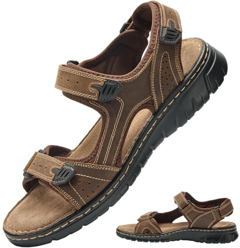 7STROBBS Wide Fit Mens Sandals, Real Leather Walking Sandals for Men, Open Toed Sports Outdoor Sandal with Adjustable Strap for Summer, Holidays, Beach, Hiking, Boating, Towns, Dark Brown UK 11