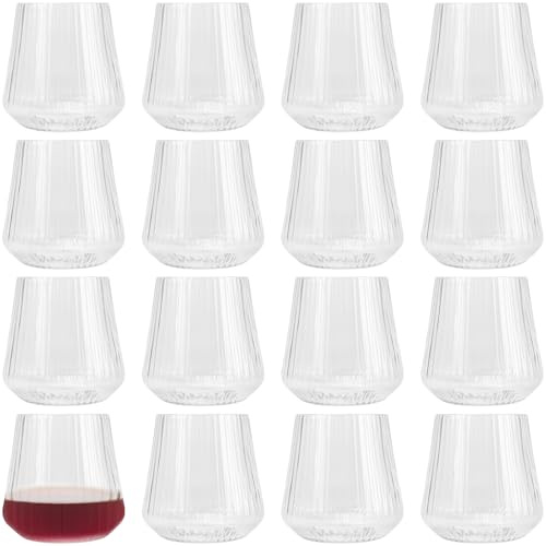 PINGEUI 16 copas de vino de plástico sin tallo de 14 onzas, copas de vino acanaladas transparentes sin tallo, vasos reutilizables para acampar y picnics