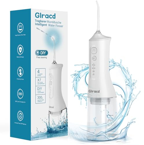 Glracd Idropulsore Dentale Portatile Irrigatore, 4 Modalità e Capacità 300ML Elettrico Water Flosser, Tartaro Ricaricabile Irrigatore Dentale, Pulizia Denti Impermeabile IPX7 per Viaggi a Casa