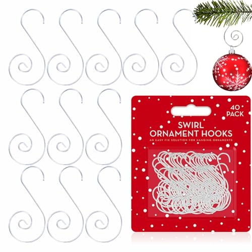 MA NASIR Swirl Ornament Hooks 40 Pack Metal Hanging Christmas Tree Decoration Hooks for Baubles Lights Wreaths & Ornaments Reusable Silver Wire Hangers for Xmas Easter & Halloween Décor