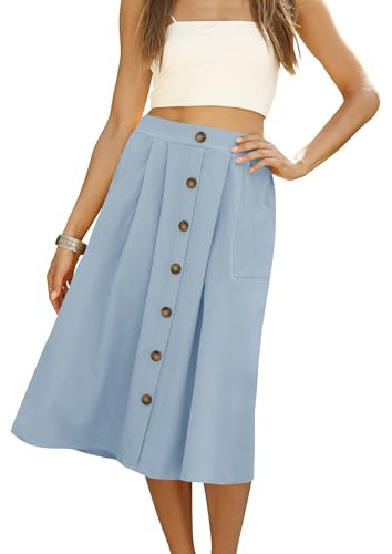Summer Skirts for Women 2023 New Button Down High Waist Linen Pocket Midi Skirt Sky Blue Large
