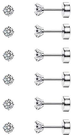 CASSIECA 6 Pairs 20G Cartilage Earring Stud for Women Men 316L Surgical Steel Flat Back Earrings Set, 3mm Round CZ Flat Back Stud Earrings for Cartilage Tragus Helix Piercing Jewelry