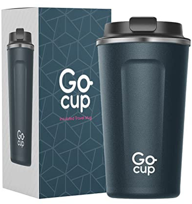 GoCup Stainless Steel Travel Mug, Coffee Cup for Hot and Cold Drinks, 510ml, UK Brand, Reusable, Insulated and Leakproof, Perfect for Camping or Traveling, 17oz, Blue