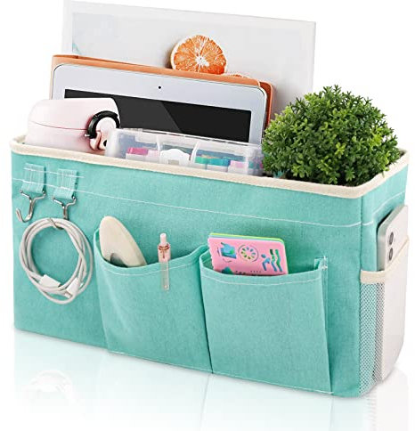 WENYA Large Bedside Pocket Organiser, Bunk Bed Hanging Storage Caddy with Hooks and Pockets for Bunk Beds Rails Book Phone Glasses Storage (Green)