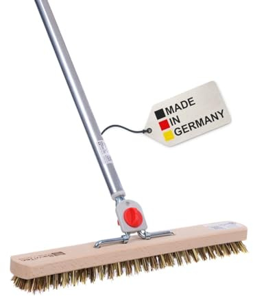 BawiTec XXL Schrubber, 40cm Breit, 4-Loch-Wechselsystem mit Aluminiumstiel, Bodenschrubber, Schrubberbesen, Scheuerbürste, Buchenholz, Harte Union-Mix-Borsten, Braun