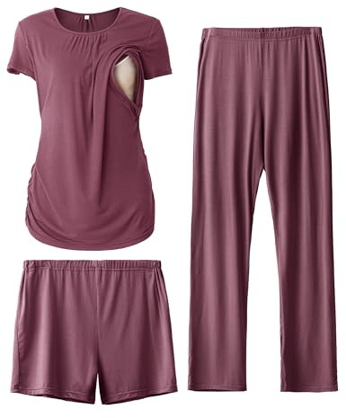 SUNNYBUY Women's Maternity Nursing Pyjamas Set, Short Sleeve Breastfeeding Shirts，Pregnancy Shorts & Pants 3 Piece Maternity Clothes Nightwear, Burgundy 2XL