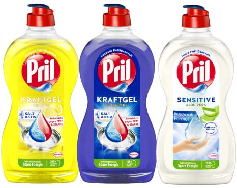 Pril Geschirrspülmittel Probier Set, mit zwei kraftgelen Zitrone und Ultra Plus & Pril Sensitive (3 x 450 ml)