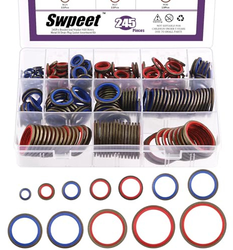 Swpeet 245 stycken, 12 storlekar, 2 färger, självcentrerad Dowty Seal, tätning, O-ring-set, limmad tätning, bricka, NBR metrisk metall, oljeavtappningsplugg, tätningsset för bil- M6 M8 M10 M12