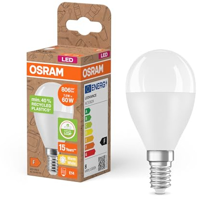 OSRAM Bombillas LED E14,LED Star P60 Reciclaje 7,5W, 2700K blanco cálido, mate, 806 lm, 40% plástico reciclado, reemplaza bombillas tradicionales de 60W