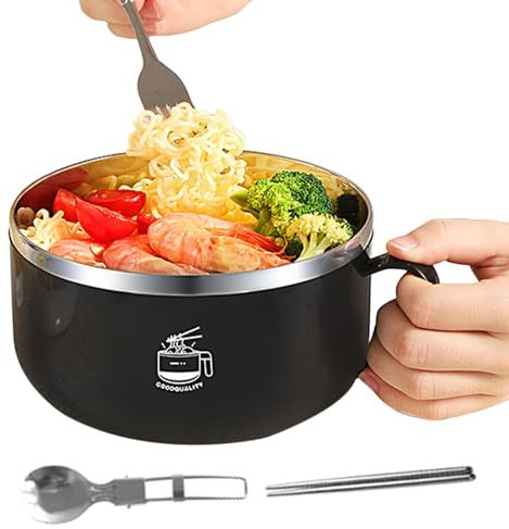 Nudelschüssel Aus Edelstahl Mit Deckel – Suppenschüsseln Mit Griffen | 1000 Ml Ramen-Schüssel Aus 304 Edelstahl Mit Essstäbchen, Löffel | Instant-Nudelschüssel, Suppenschüssel Für Nudeln, Salat, üsli