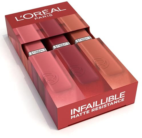 L'Oreal Paris L'Oréal Paris Set mit 3 langanhaltenden flüssigen Lippenstiften, Intensive Farbe und Mattes Finish, kein Übertragen, unfehlbare Mattbeständigkeit: Farbtöne (115), (120), (420)