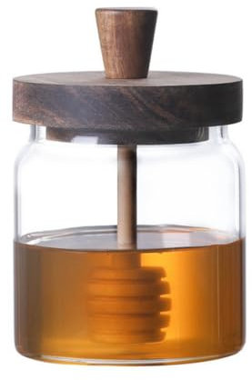 ANSQU Honey Pot, Airtight Glass Honey Jar with Dipper Stick and Wooden Lid, Honey Containers for Storing Honey, Mason Jar for Home Kitchen, 500ml